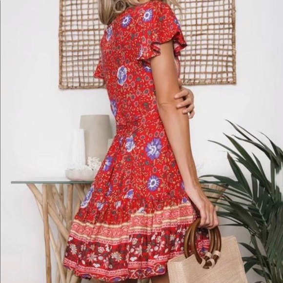 Red Mini Blue Floral Ruffle Wrap Dress - Picture 12 of 14